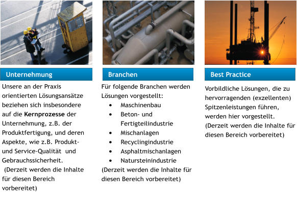 Unsere an der Praxis orientierten Lsungsanstze beziehen sich insbesondere auf die Kernprozesse der Unternehmung, z.B. der Produktfertigung, und deren Aspekte, wie z.B. Produkt- und Service-Qualitt  und Gebrauchssicherheit.  (Derzeit werden die Inhalte fr diesen Bereich vorbereitet) Vorbildliche Lsungen, die zu hervorragenden (exzellenten) Spitzenleistungen fhren, werden hier vorgestellt. (Derzeit werden die Inhalte fr diesen Bereich vorbereitet) Best Practice                    Branchen                          Unternehmung                  Fr folgende Branchen werden Lsungen vorgestellt: 	Maschinenbau 	Beton- und Fertigteilindustrie 	Mischanlagen 	Recyclingindustrie  	Asphaltmischanlagen 	Natursteinindustrie (Derzeit werden die Inhalte fr diesen Bereich vorbereitet)  Best Practice                    Branchen                          Unternehmung